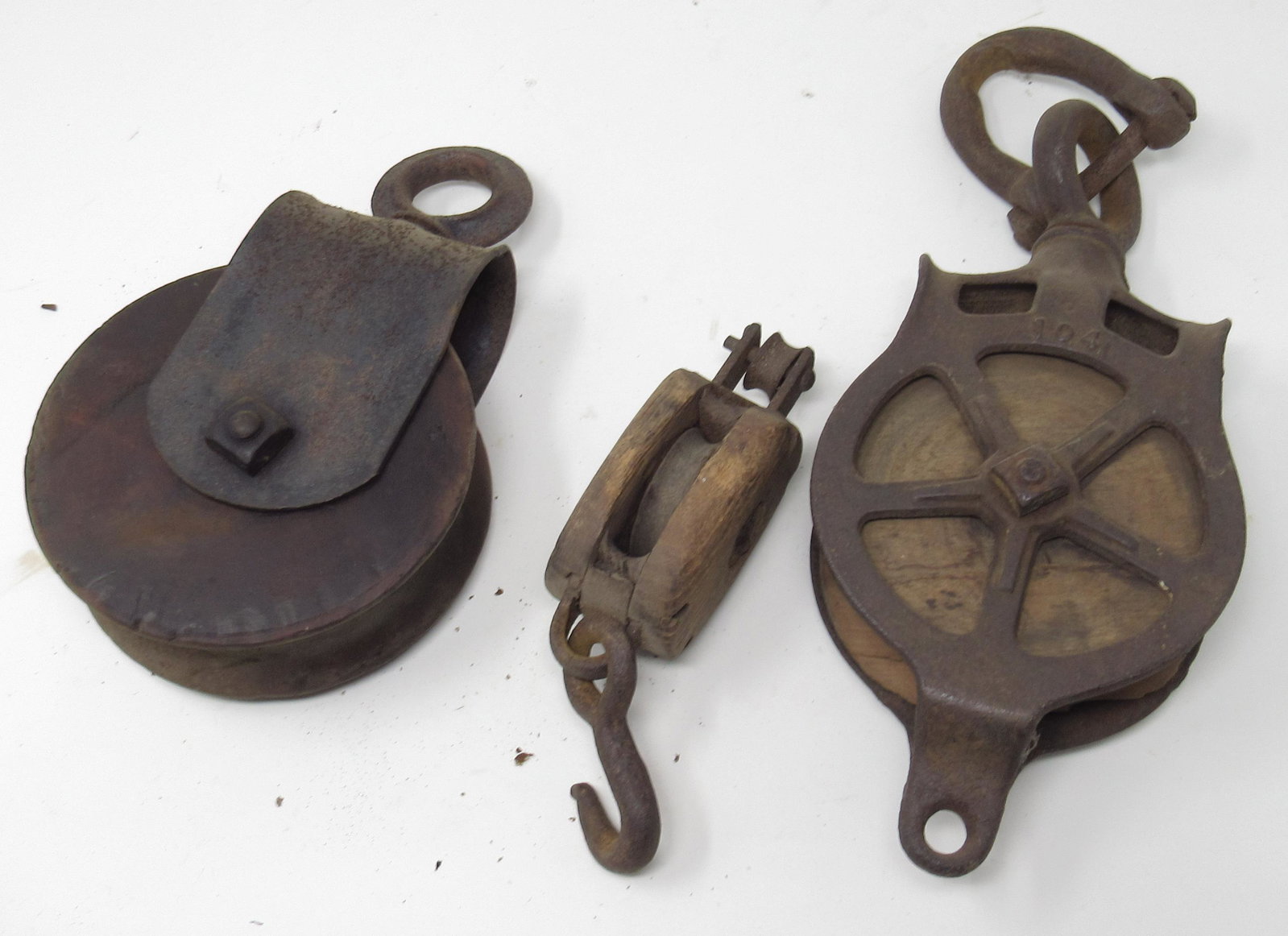 Wooden Pulleys: Large ones are approx 5" in diameter