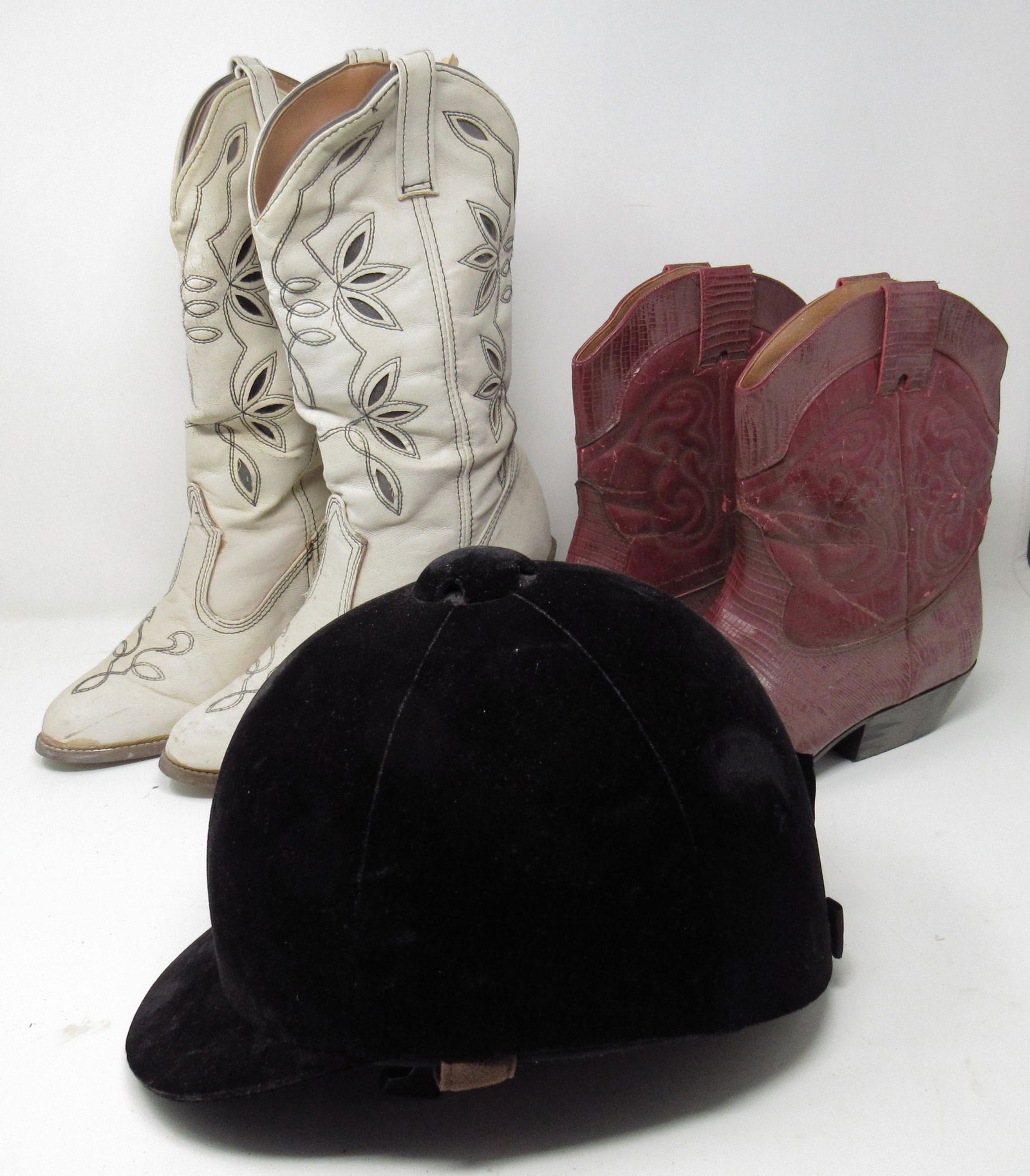 International Equestrian Riding Helmet & Cowgirl Boots: Helmet is size 6 7/8" . White pair of boots are 10m