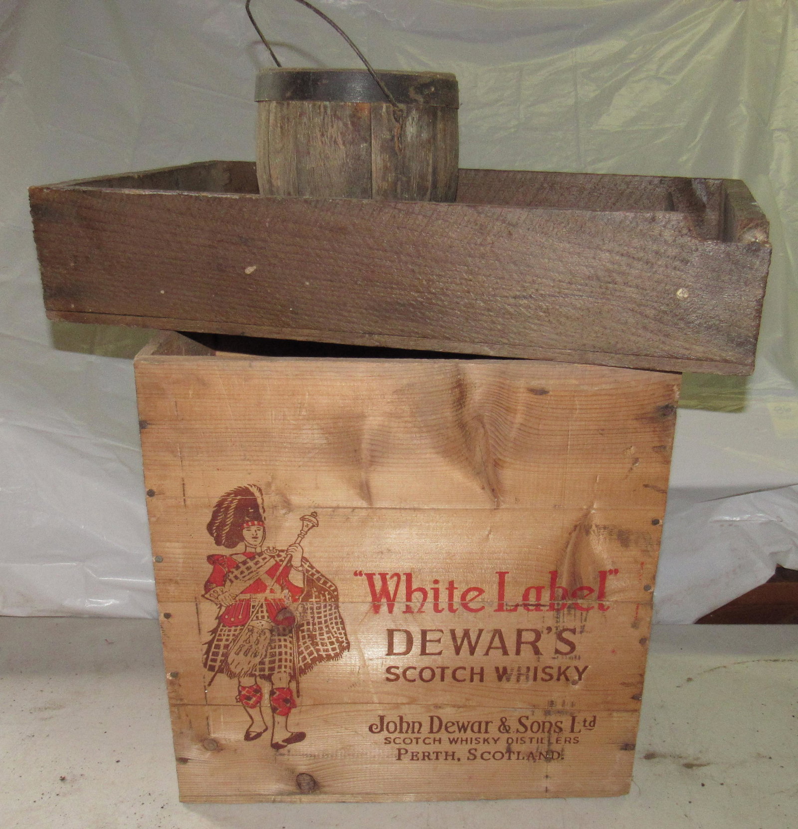White Label Whisky Wooden Crates Pail & Hay Hook: Whisky crate is apprx 10 3/4" x 15 1/4" x 15 1/2" tall