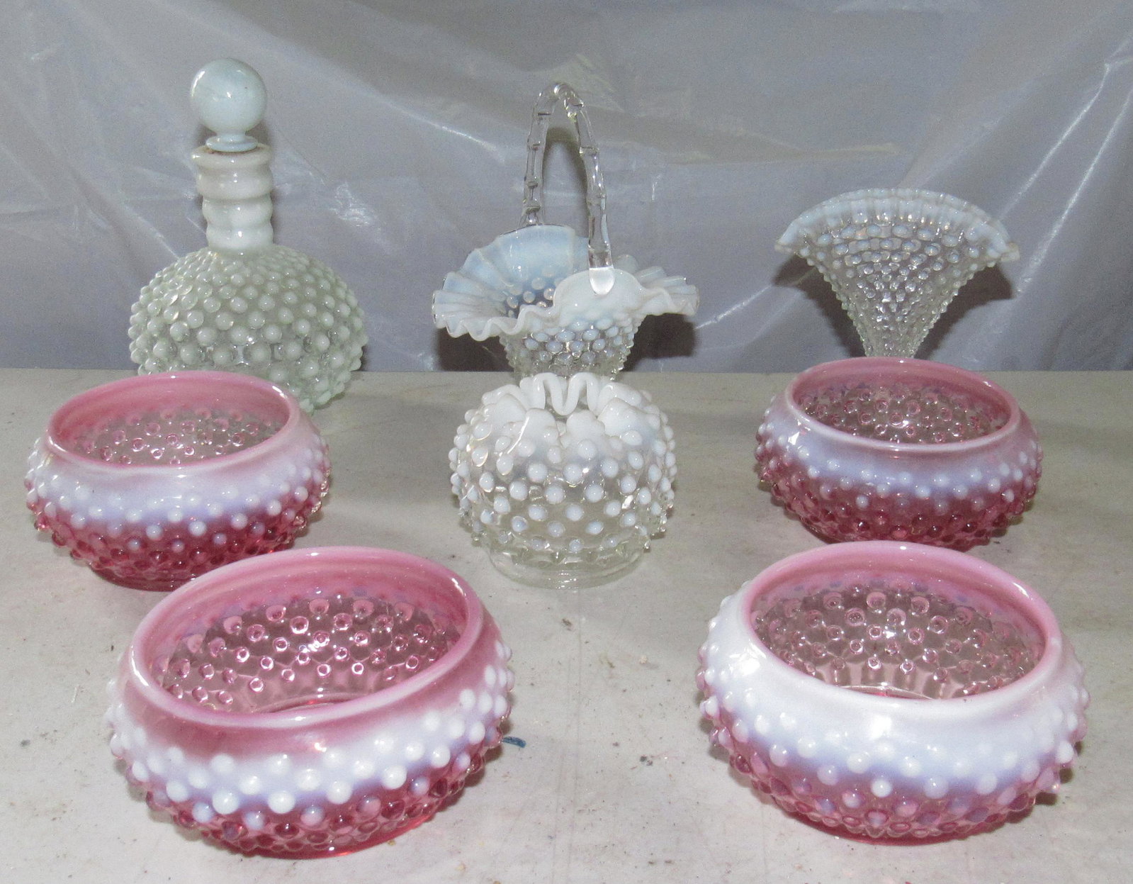 Fenton Glass Bowls Decanter Basket Vases: Decanter is approx 6 1/2" tall