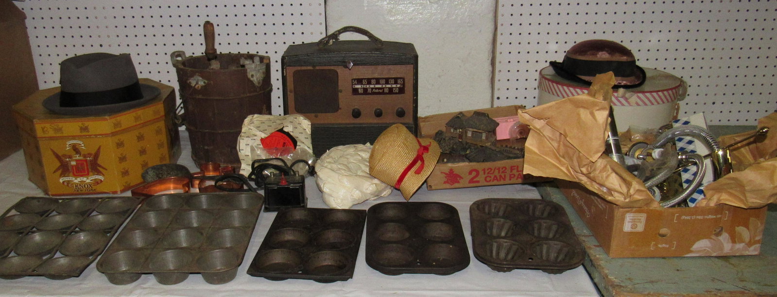 Vintage Hats Muffins Pans Radio Record Misc: Lot includes all pictured on table and you must take all