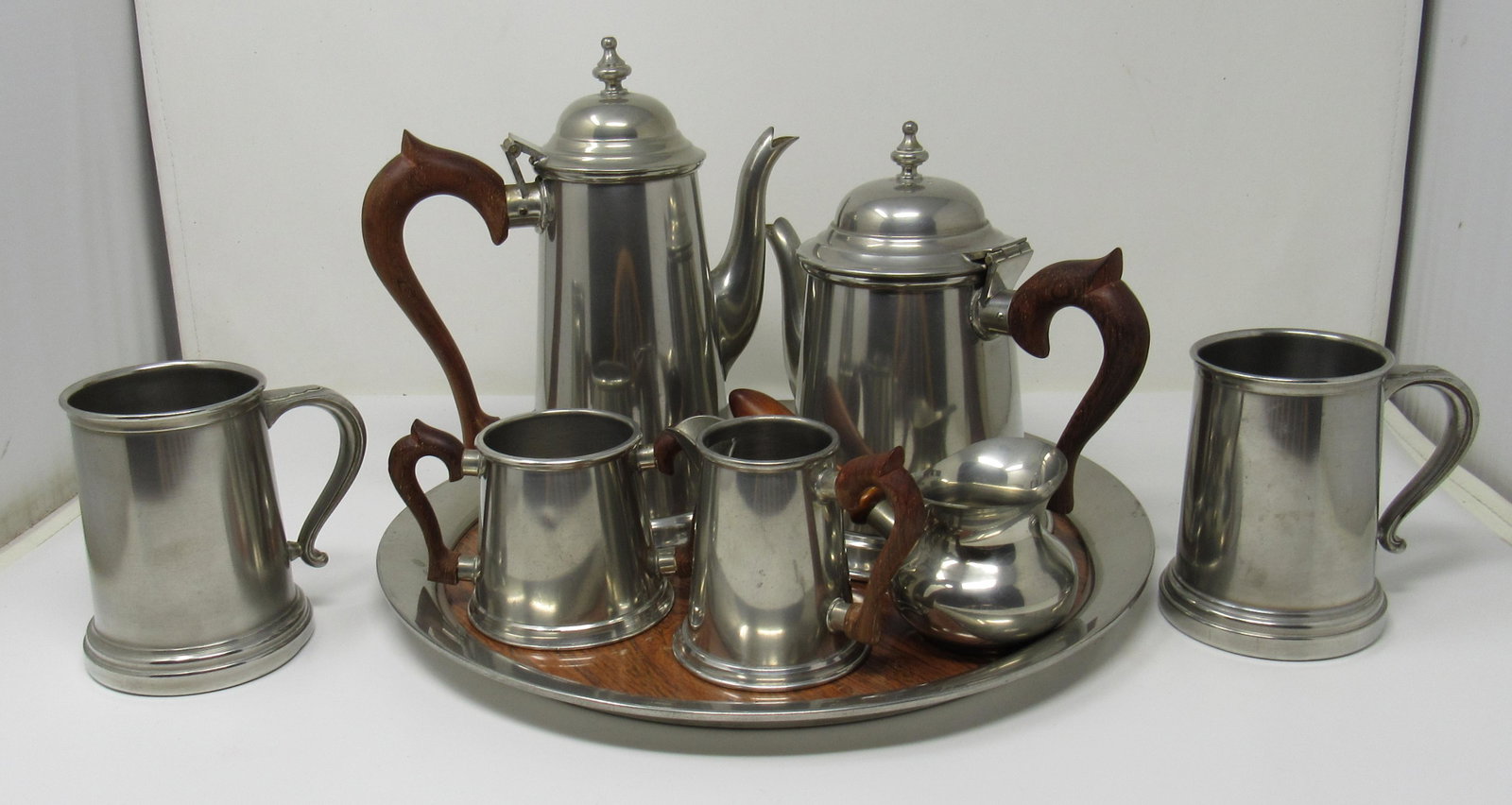 Steiff Pewter Tea Set and International Mugs: Platter is approx 14" in diameter