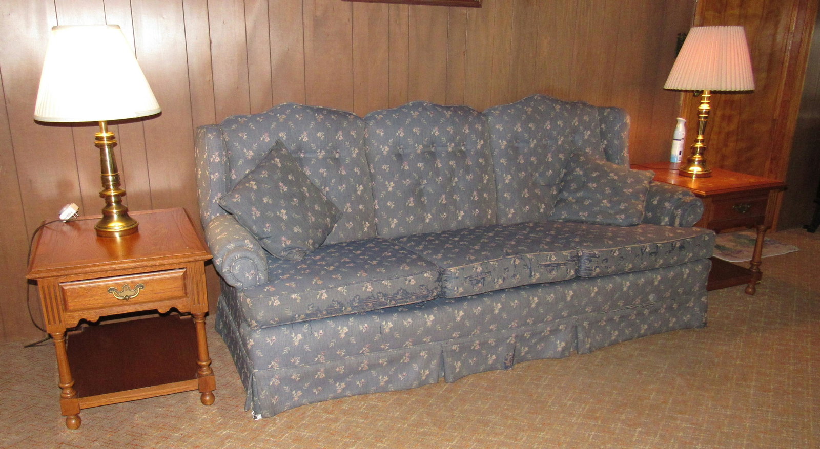 Broyhill End Tables Brass Lamps & Sofa: Take what you want and leave the rest. End tables are approx 22" X 27" x 23" tall.