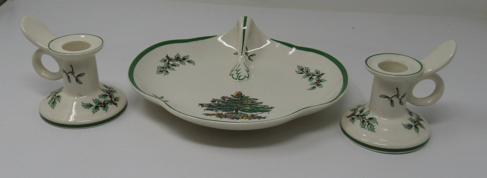 Spode Christmas Tree Candle Holders and Candy Dish: Candy dish is approx 7 1/2" x 8 1/4"