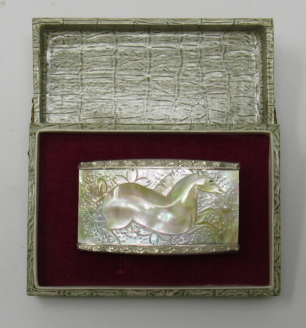 Silver and Mother of Pearl Horse Belt Buckle: Apprx 1 3/8" x 2 3/8"