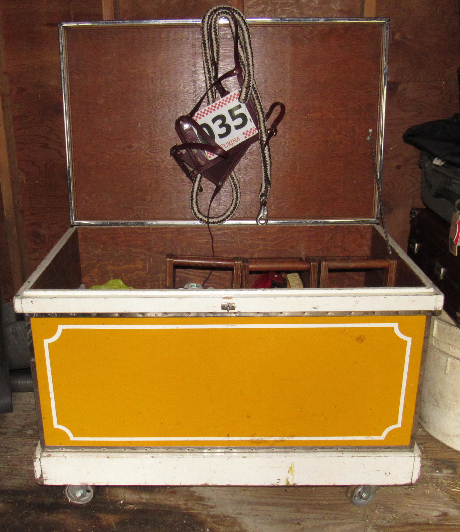 Tack Trunk with Supplies / Contents: Trunk is apprx 24" x 39" x 26 1/2" tall. Includes all pictured