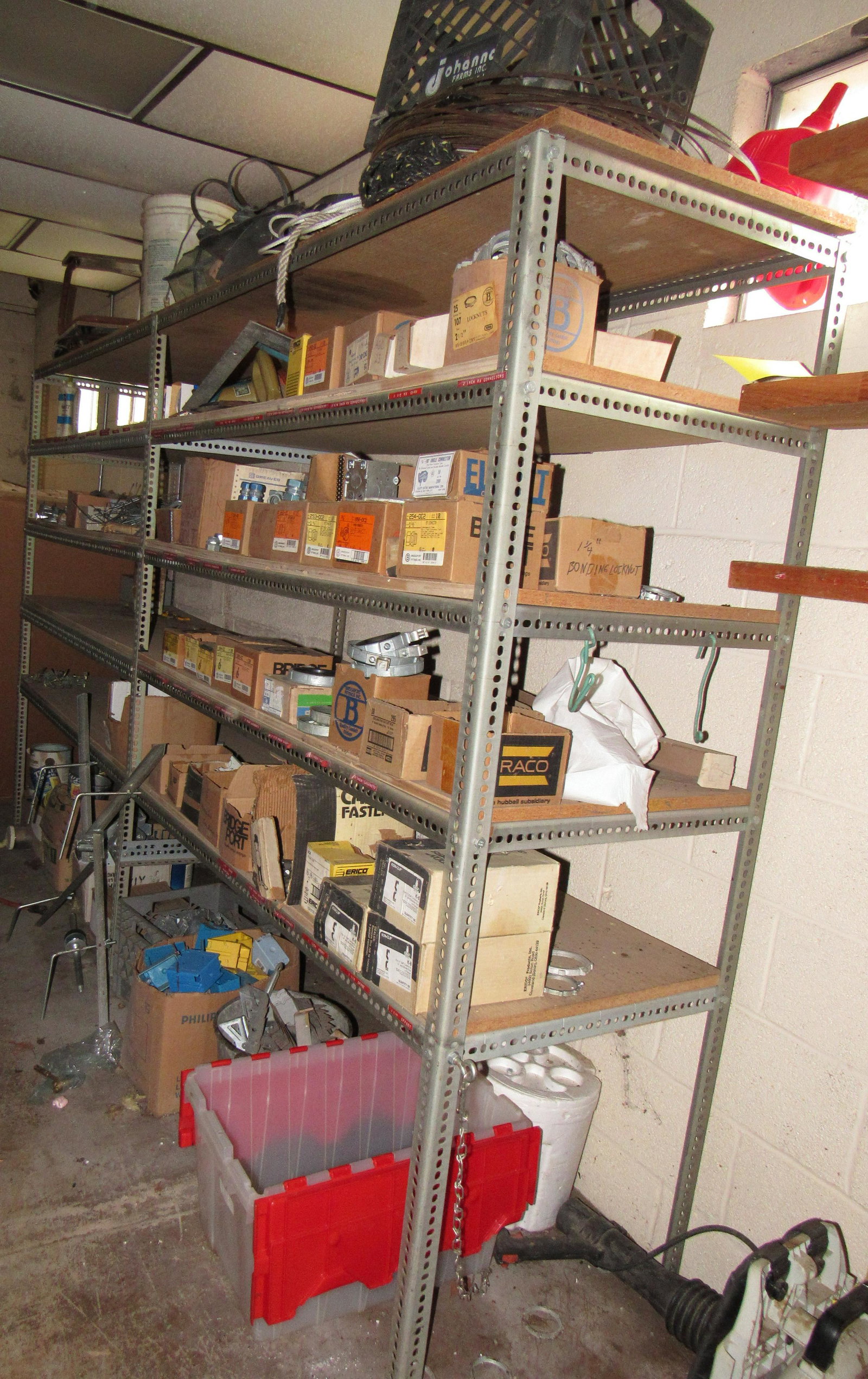 Shelving Unit and Contents: Lot includes shelf with everything on it. Take what you want and leave the rest. Shelf is apprx 24 3/4" x 10' 1/2" x 73" tall.