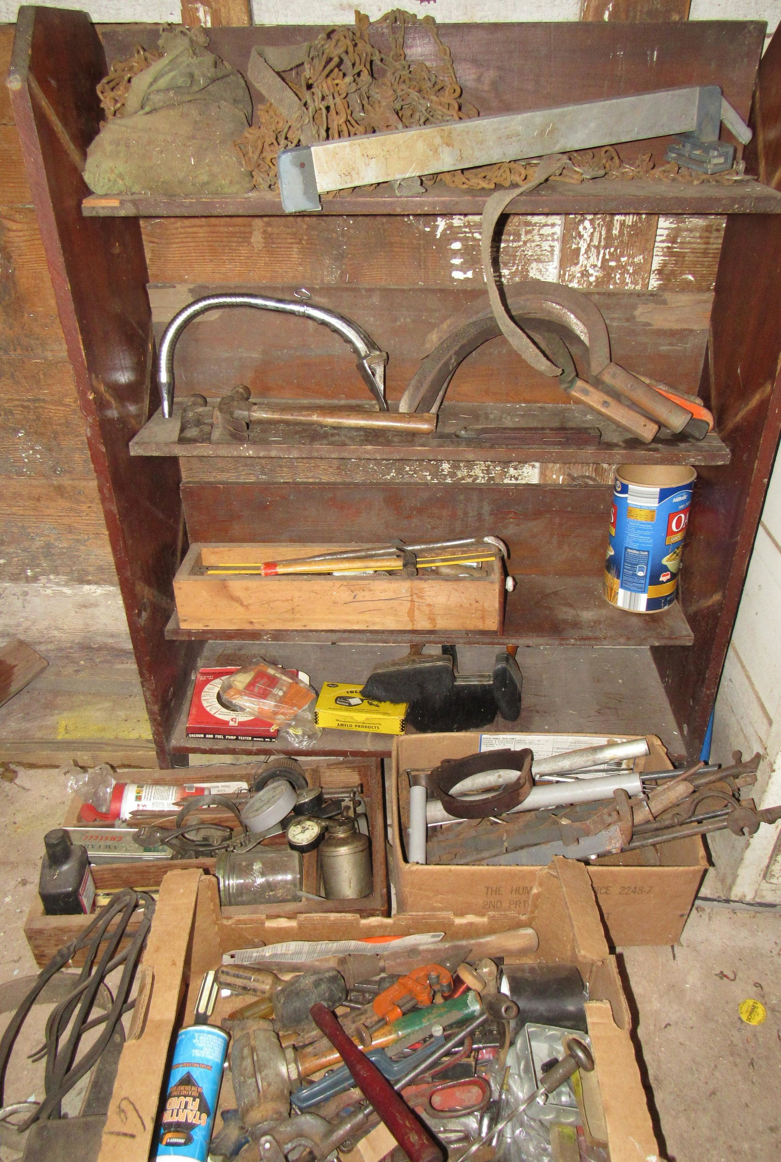 Misc Tools: Lot includes shelf, all items on it and items pictured in front of it. Take what you want and leave the rest