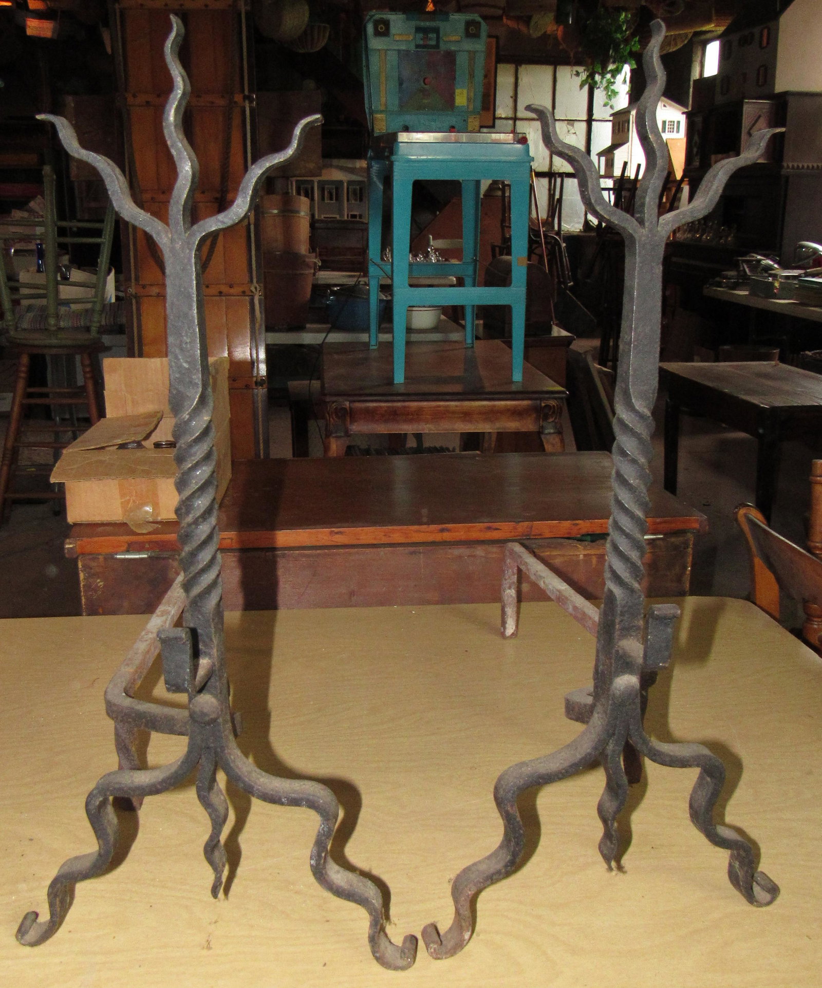Arts & Crafts Wrought Iron Andirons: Apprx 10 1/2" wide , 20 1/2" deep, and 23 1/8" tall