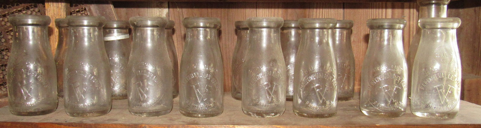 16 Raritan Valley Farms NJ Half Pint Milk Bottles: Also included is a faded Gramana Pyro bottle