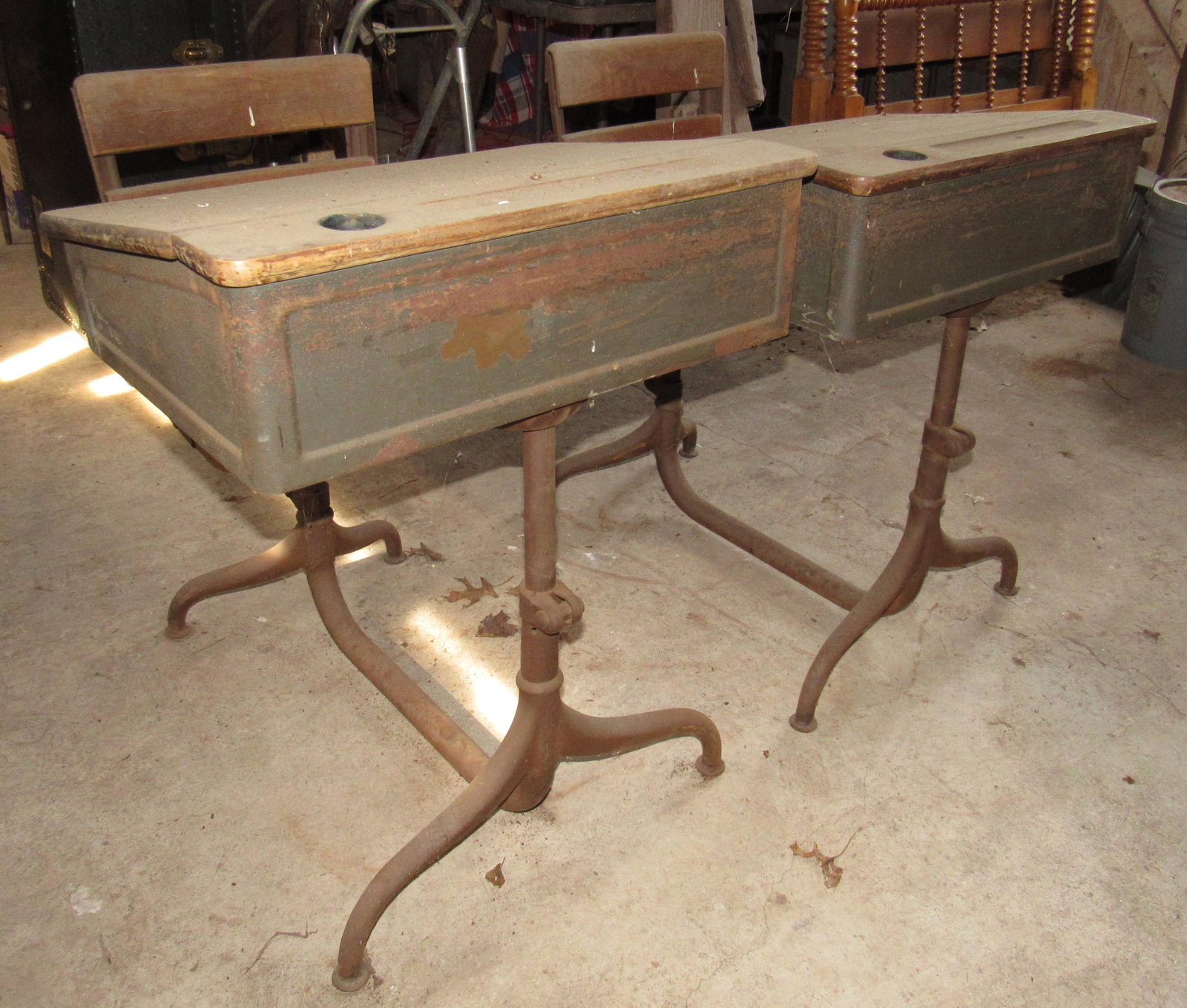 2 Vintage School Desks and Chalkboard: Desks and chalkboard