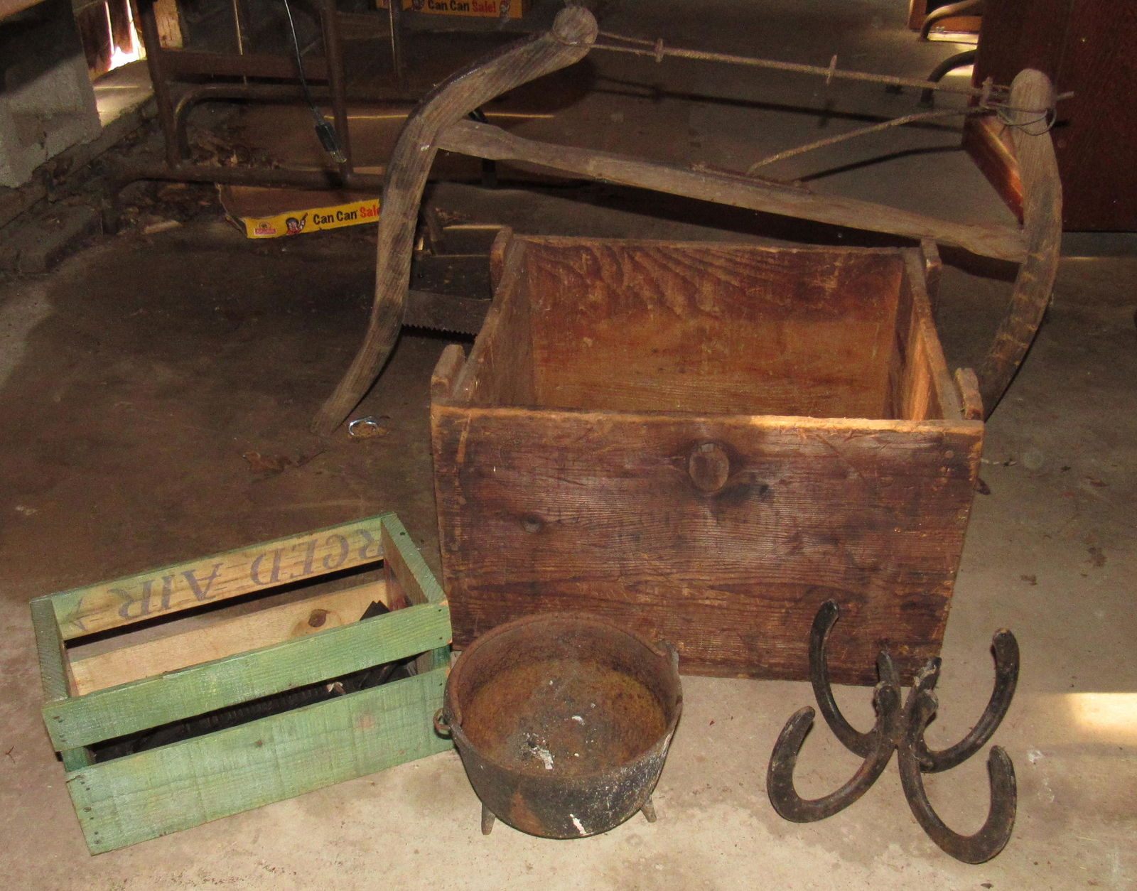 Wood Crates Buck Saw Horseshoe Art: Also included is stencils in green crate. Large wood box is approx 16 1/2" x 19" x 12 1/2" tall