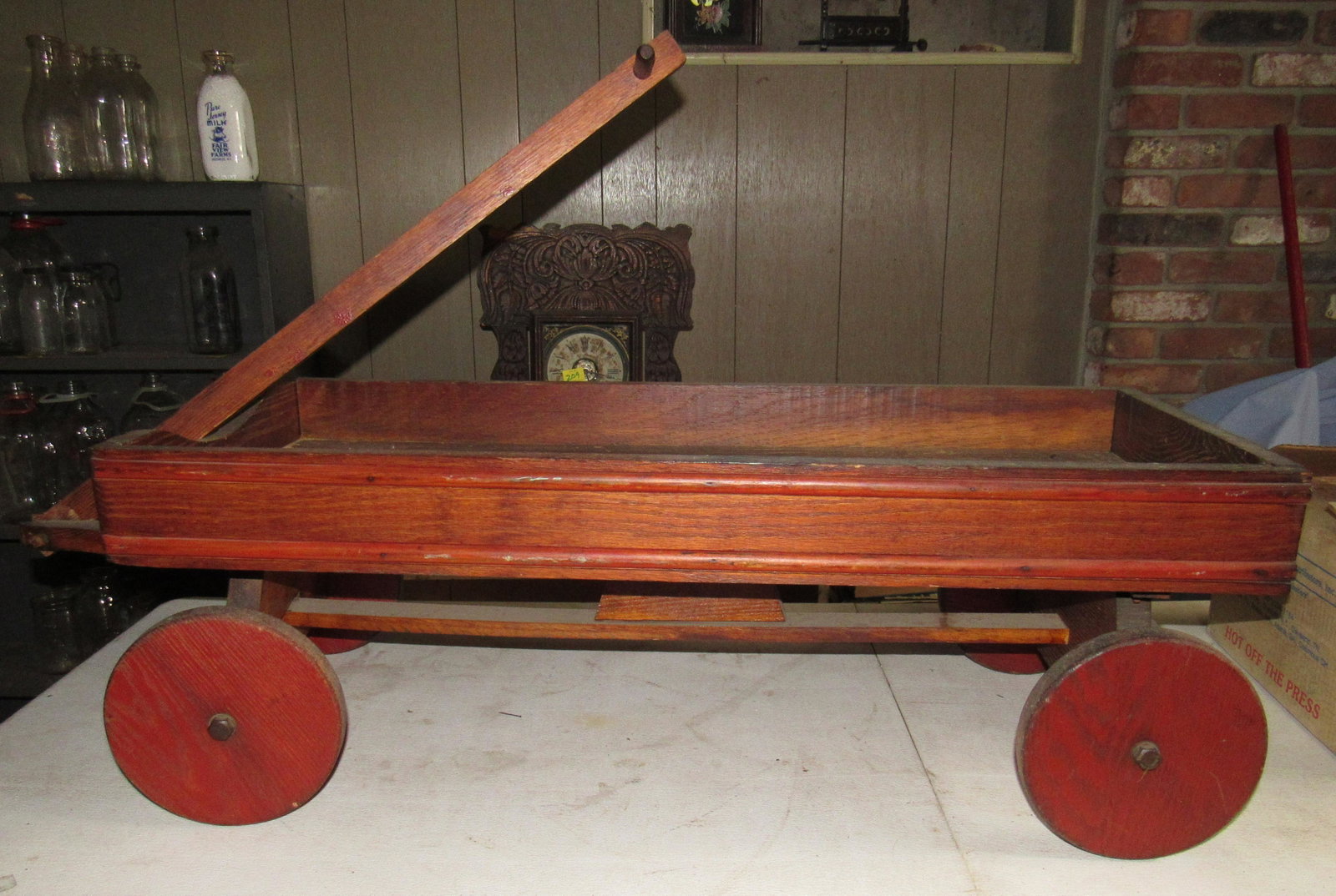 Wagon with Wooden Wheels: Approx 16" x 43" x 12 1/2" tall ( top of bed )
