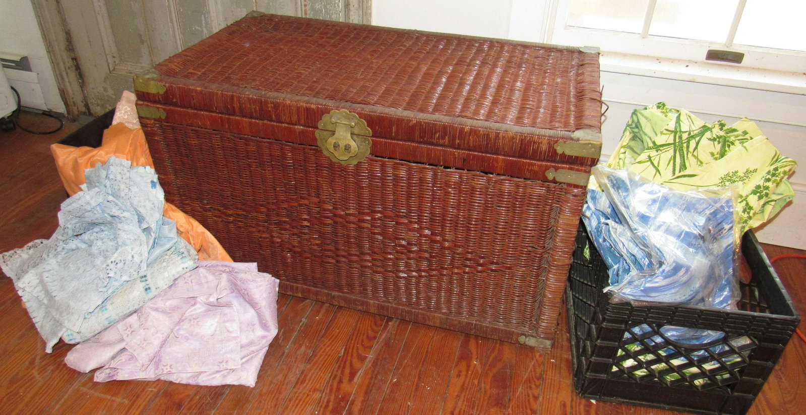 Wicker Trunk and Vintage Curtains: Trunk is approx 20" x 36" x 21" tall