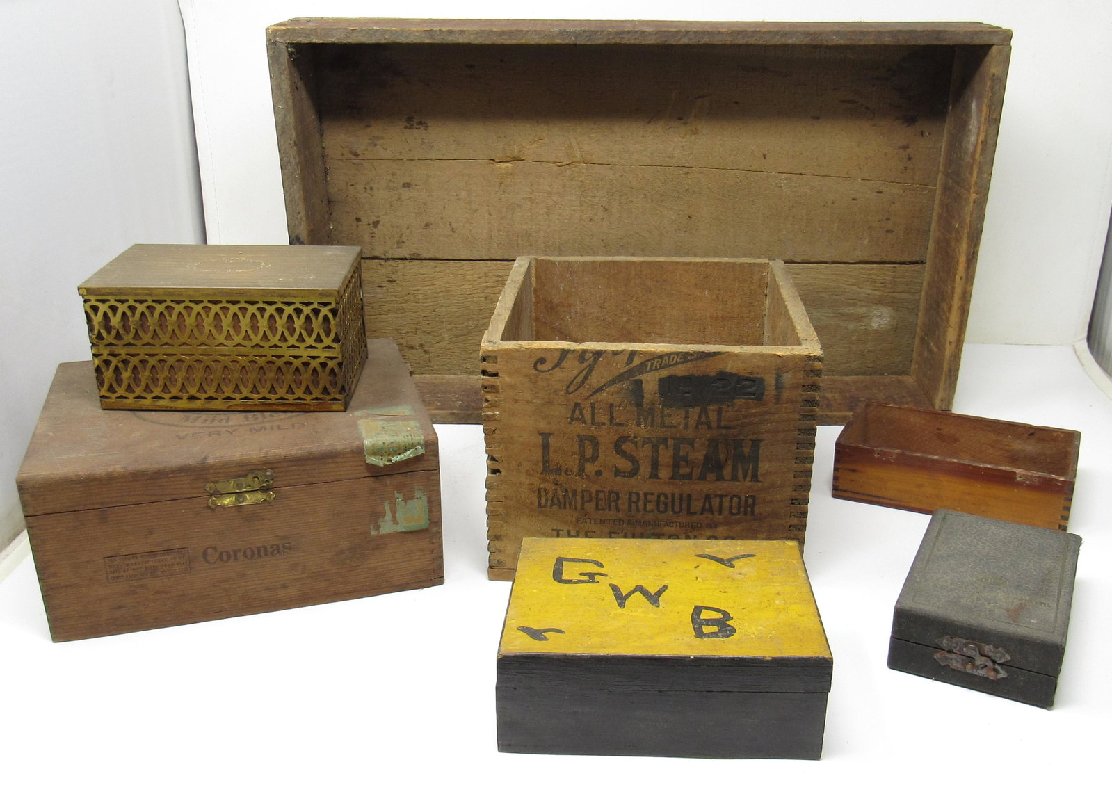 LP Steam Regulator Wood Box Crate & Misc Boxes: Largest in back is approx 10 3/4" x 18 5/8" x 3" tall