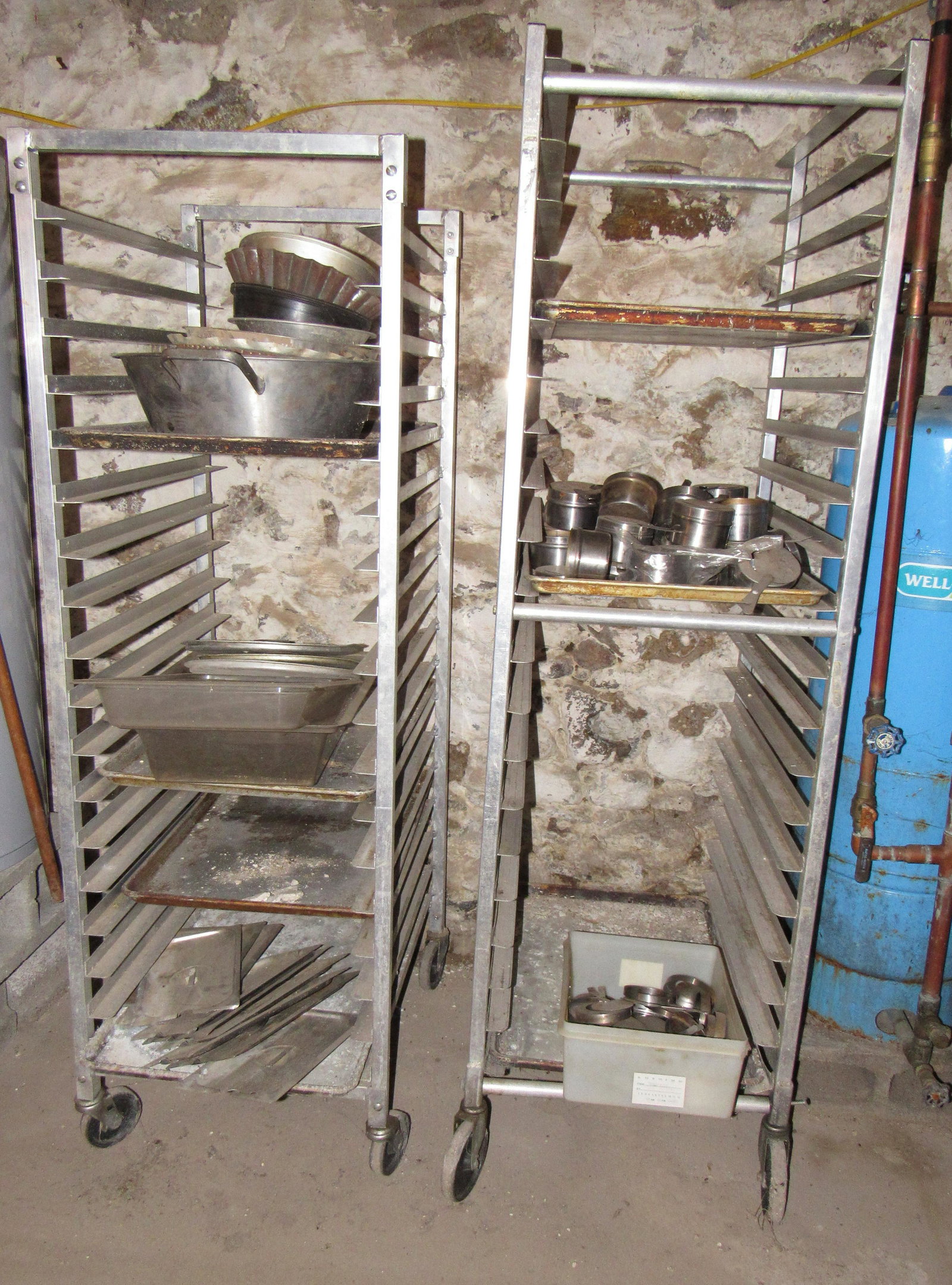 2 Aluminum Catering Baker Rolling Carts Shelf Units &: Tallest is approx 20 1/2" x 66" x 69" tall. Buyer to remove from basement
