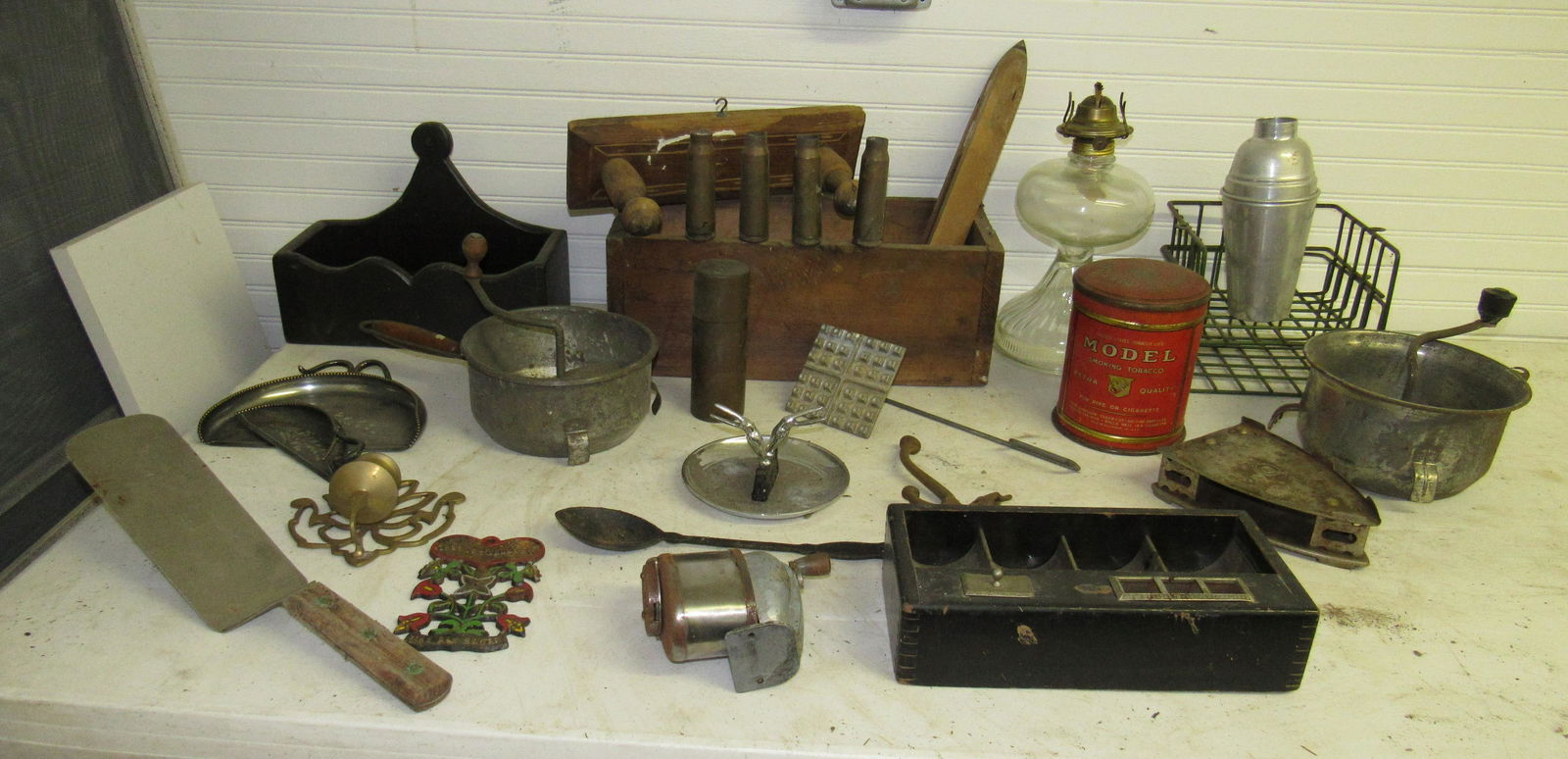 Wood Box Oil Lamp Shell Casings Coat Rack & Misc: Getting all pictured on table.