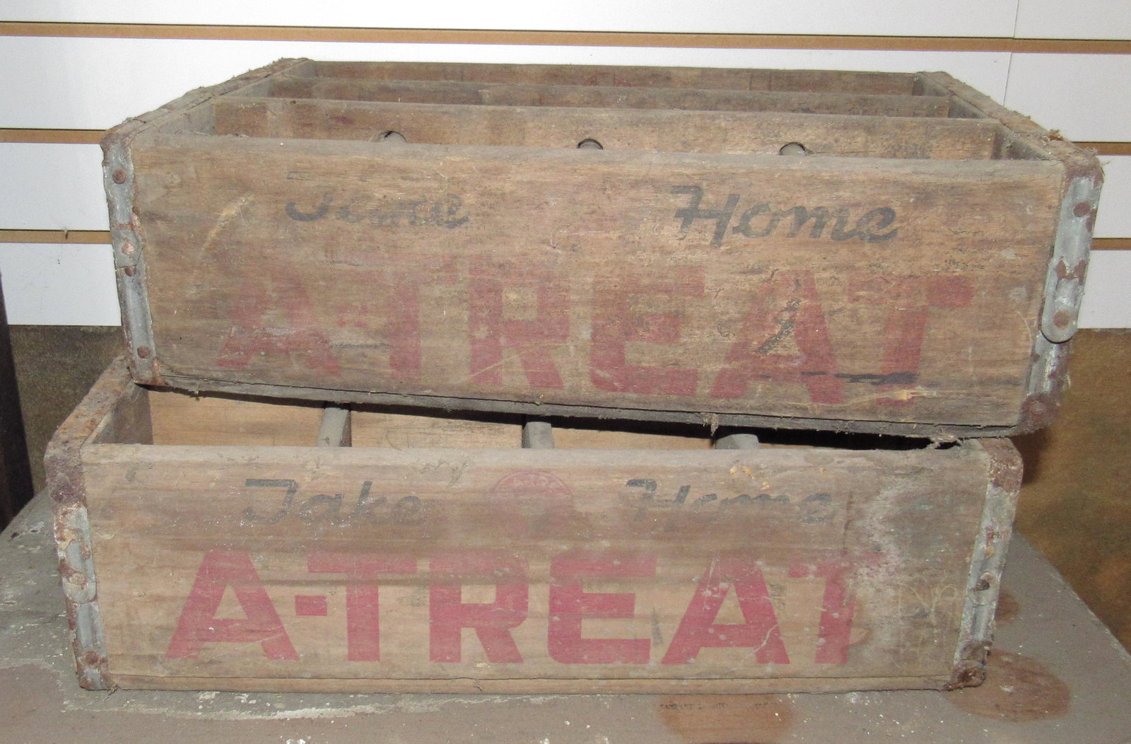 2 Wooden A Treat Soda Crates: Approx 12 1/2" x 18" x 5 1/2" tall