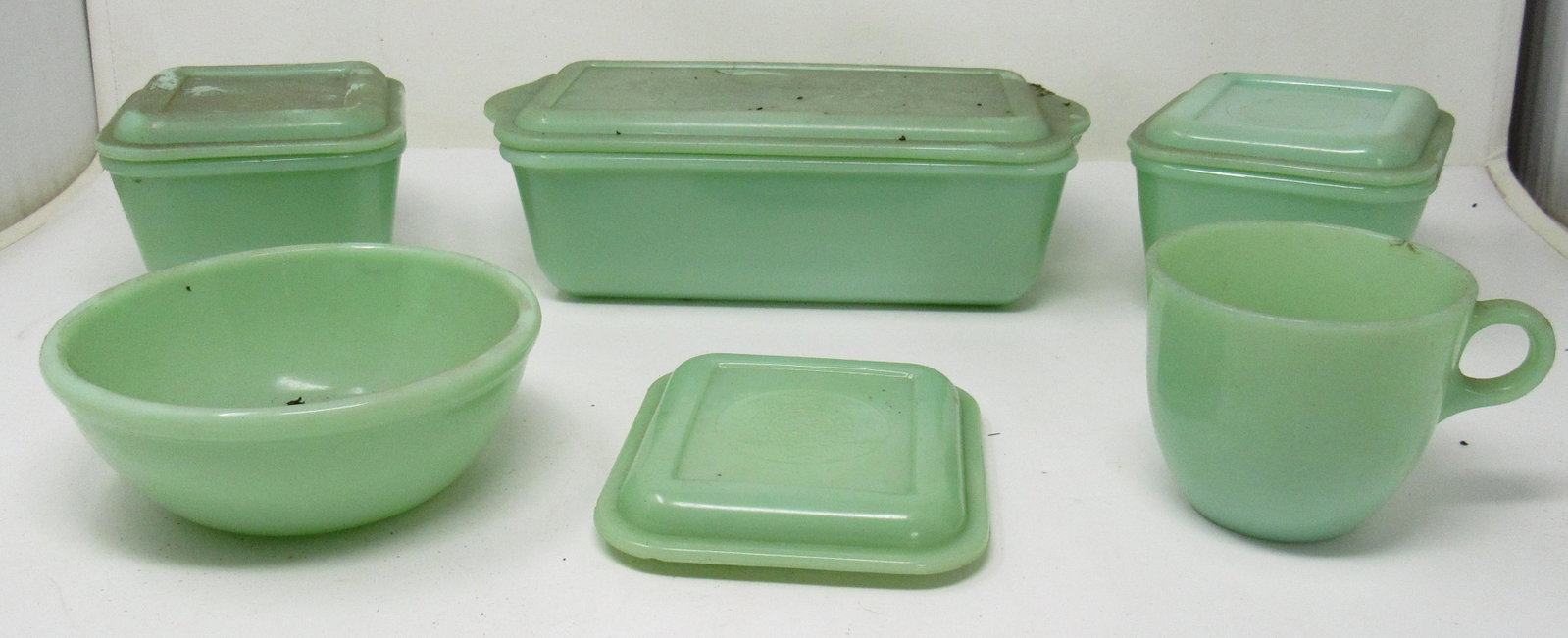 Fire King Jadeite Refrigerator Set: Largest is approx 5 1/4" x 10" x 3 3/8" tall