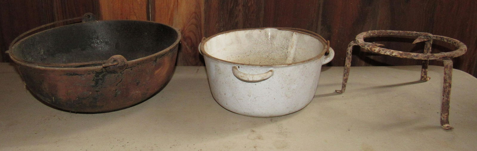 Cast Iron Scotch Bowl Enameled Pot & Wrought Iron: Scotch bowl is approx 11 1/4" in diameter and 4 1/2" tall