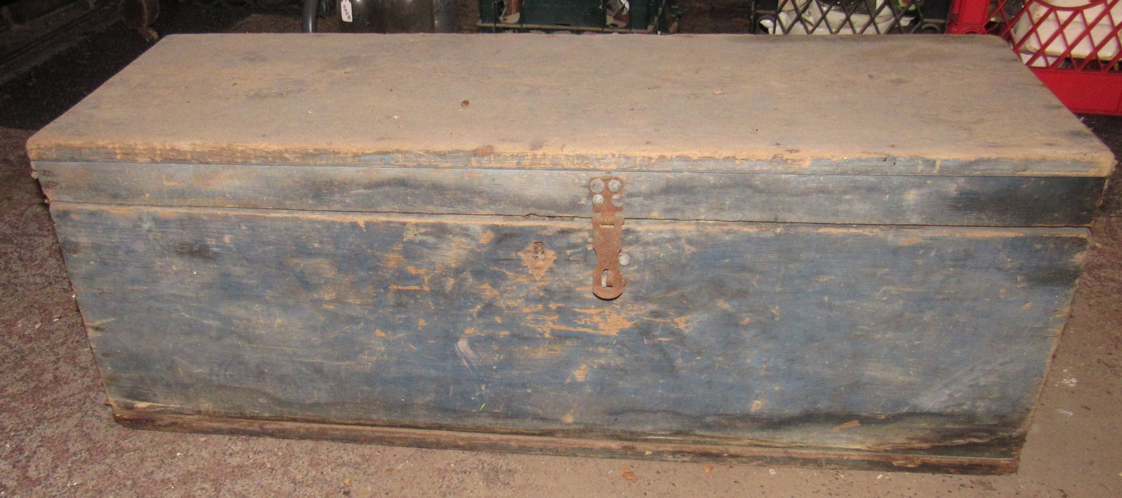 Antique Wooden Tool Box in Blue Paint w/ Contents: Approx 12" x 36" x 13 1/2" tall