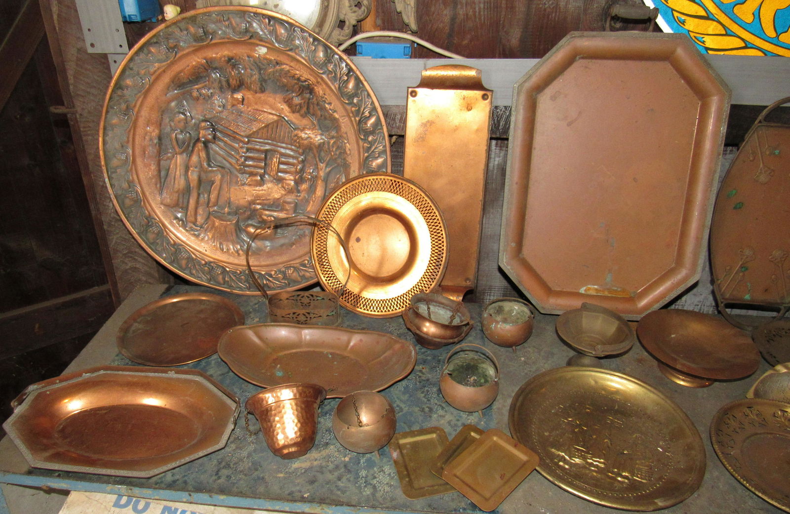 Large Lot of Copper & Brassware Incl Flemish 5022 Tray: Getting all copper and brass pictured on shelf