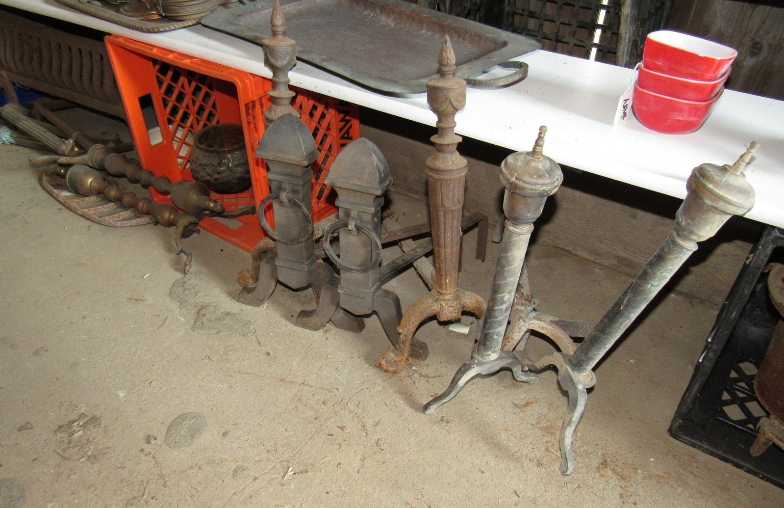 Andirons: Getting all pictured on floor. Does not include any items on shelf