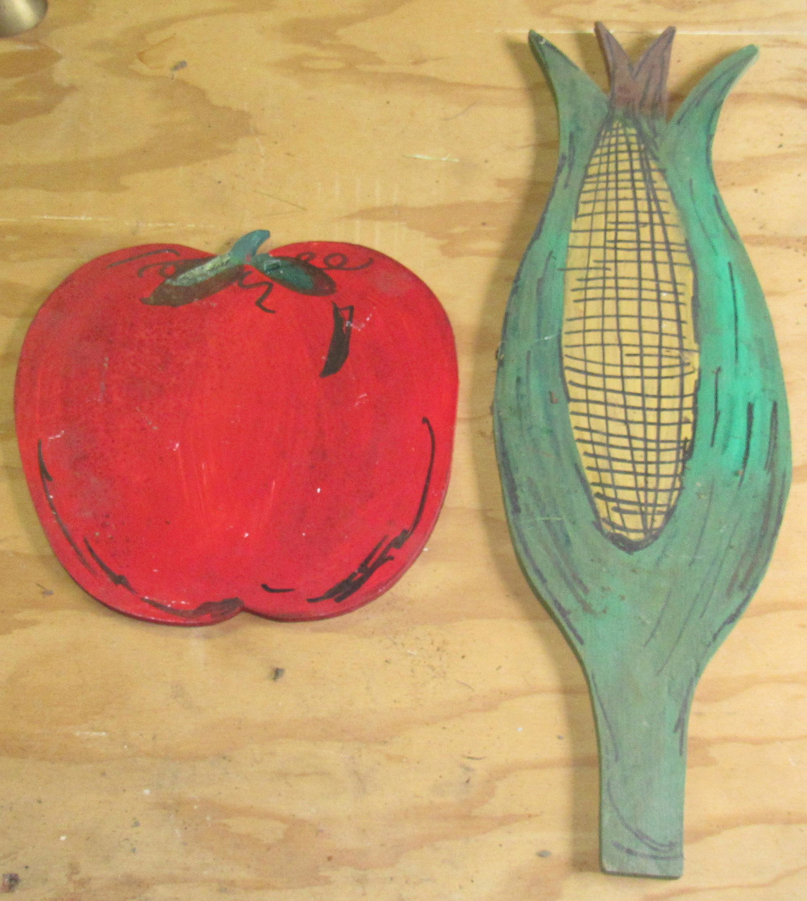 Wooden Hand Painted Apple and Corn Cob: Corn is approx 7 5/8" x 25 3/4" . On 1/2" plywood