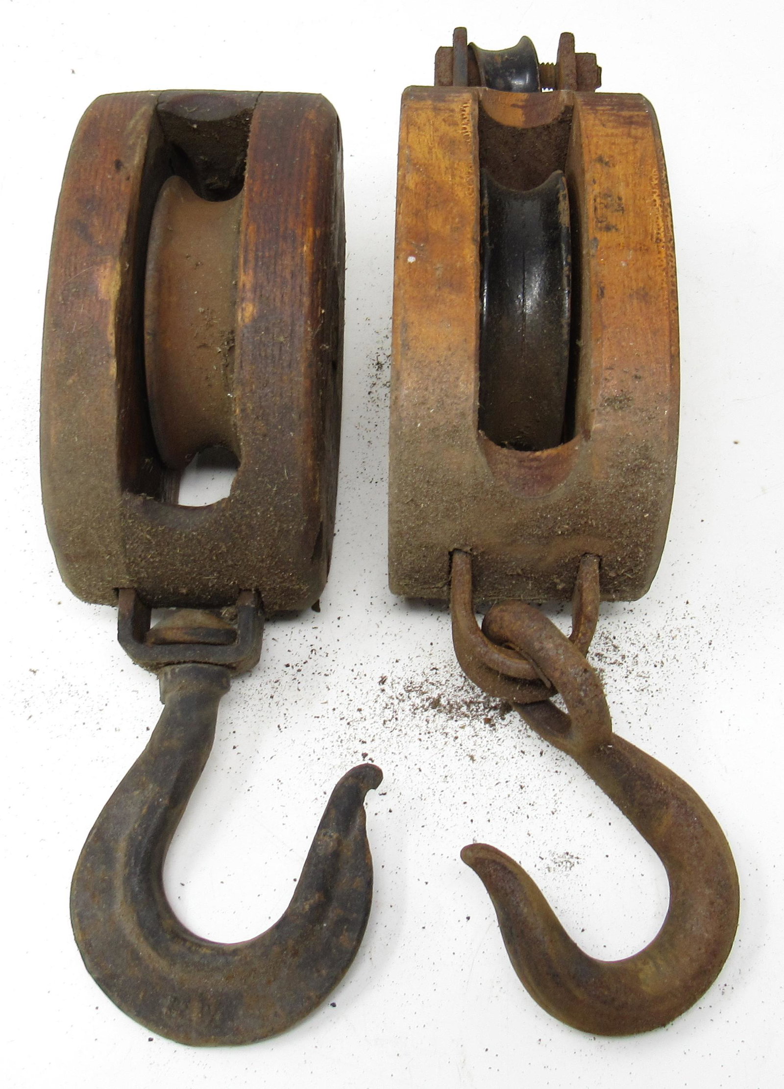 2 Wooden Pulleys: Largest is approx 4 1/2" wide and 13" in total length
