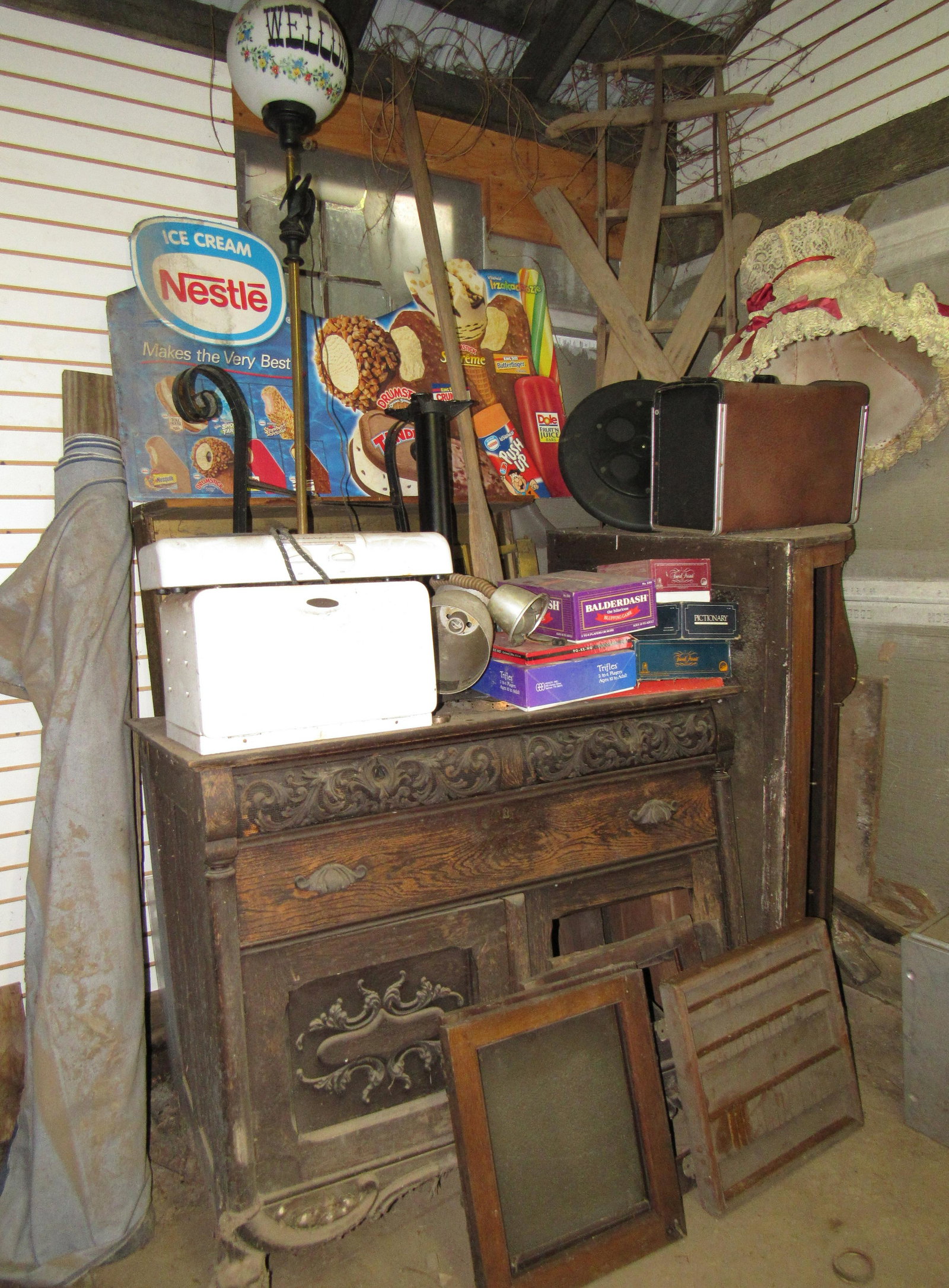 Partial Room Contents: Lot includes sideboard & China Closet for parts, bowed glass, CafÃ© table base, & Misc. Take what you want and leave the rest