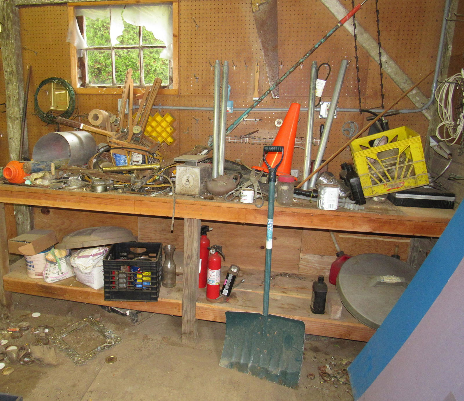 Workbench Contents: Lot includes all on workbench. ( Does not include bow and arrow on the left side wall ). Take what you want and leave the rest