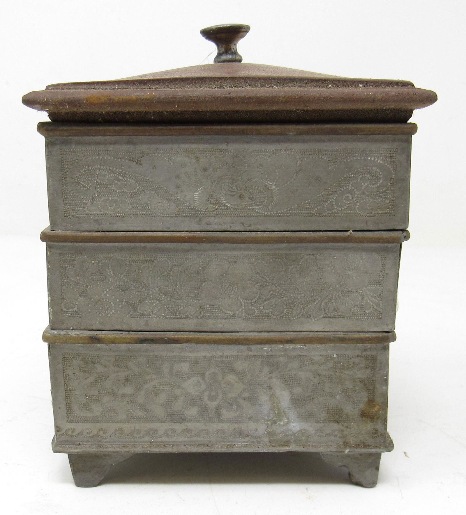 Sectional Pewter Chinese Box: Approx 3 1/2" x 3 1/2" x 4 3/4" tall
