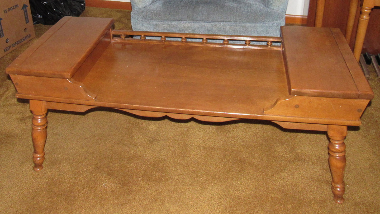 Rocker Recliner and Maple Coffee Table: Table is approx 18" x 45 1/2" x 17 1/2" tall. This lot is for recliner and table only. Take what you want and leave the rest.