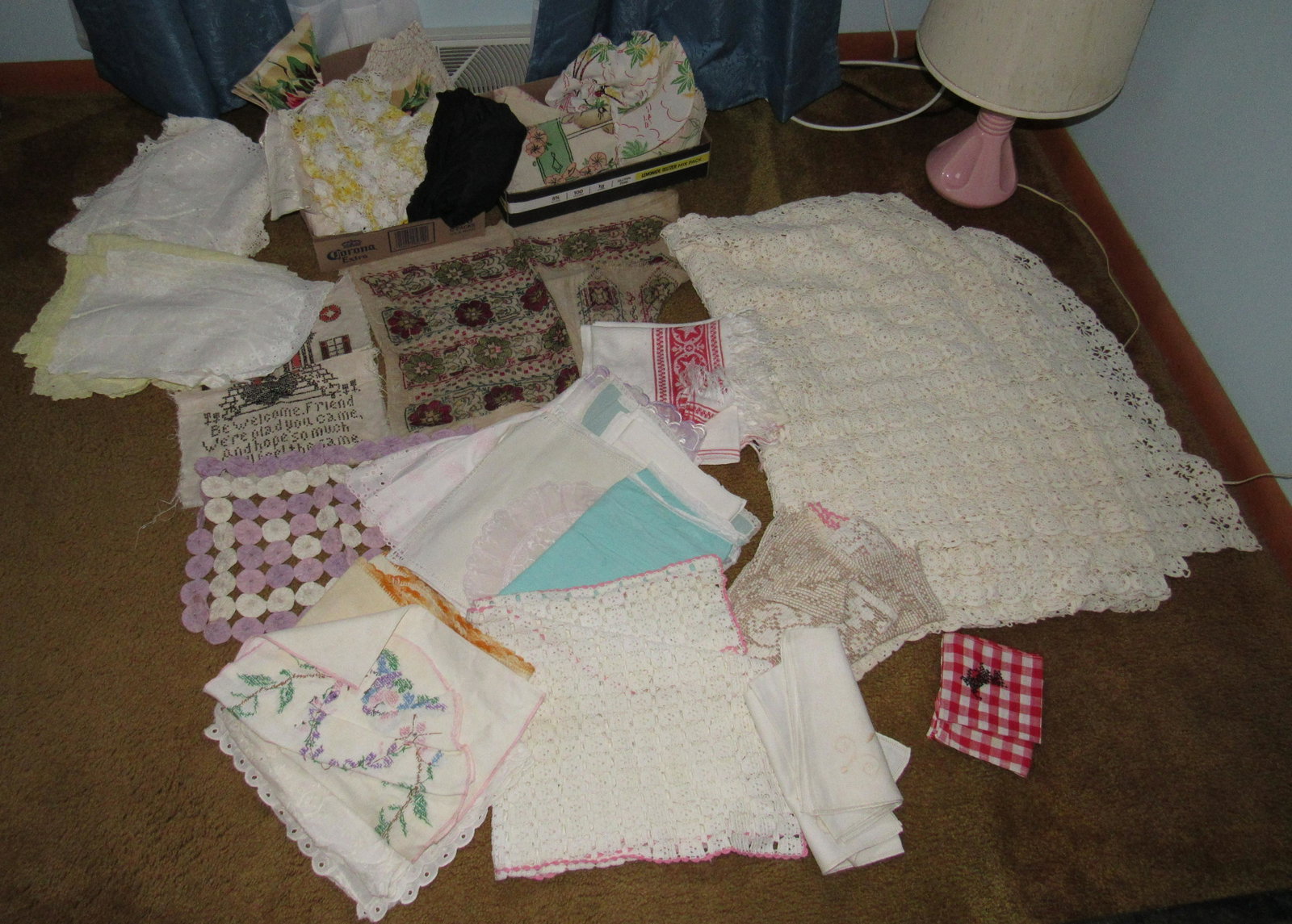 Laced Tableclothe Linens Doilies Misc: Getting all pictured.( except lamp )