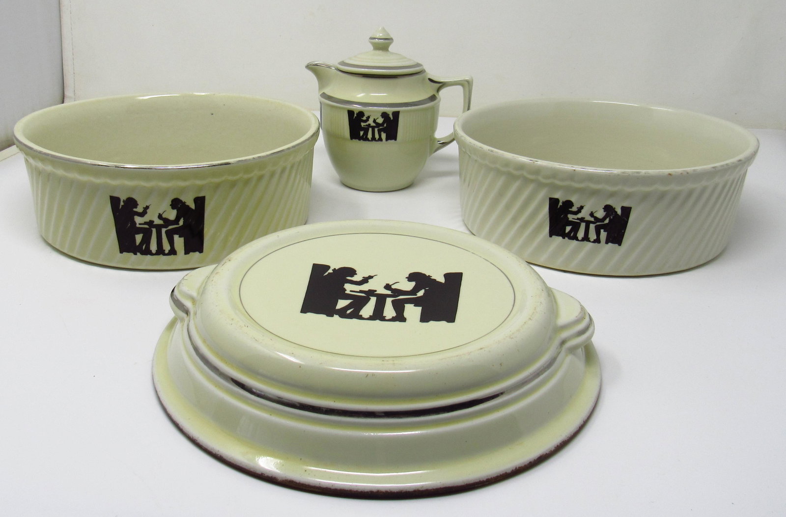 Hall Silhouette Creamer & Casseroles: Creamer is approx 5 1/4" tall. Also included is lid, that does not fit casseroles