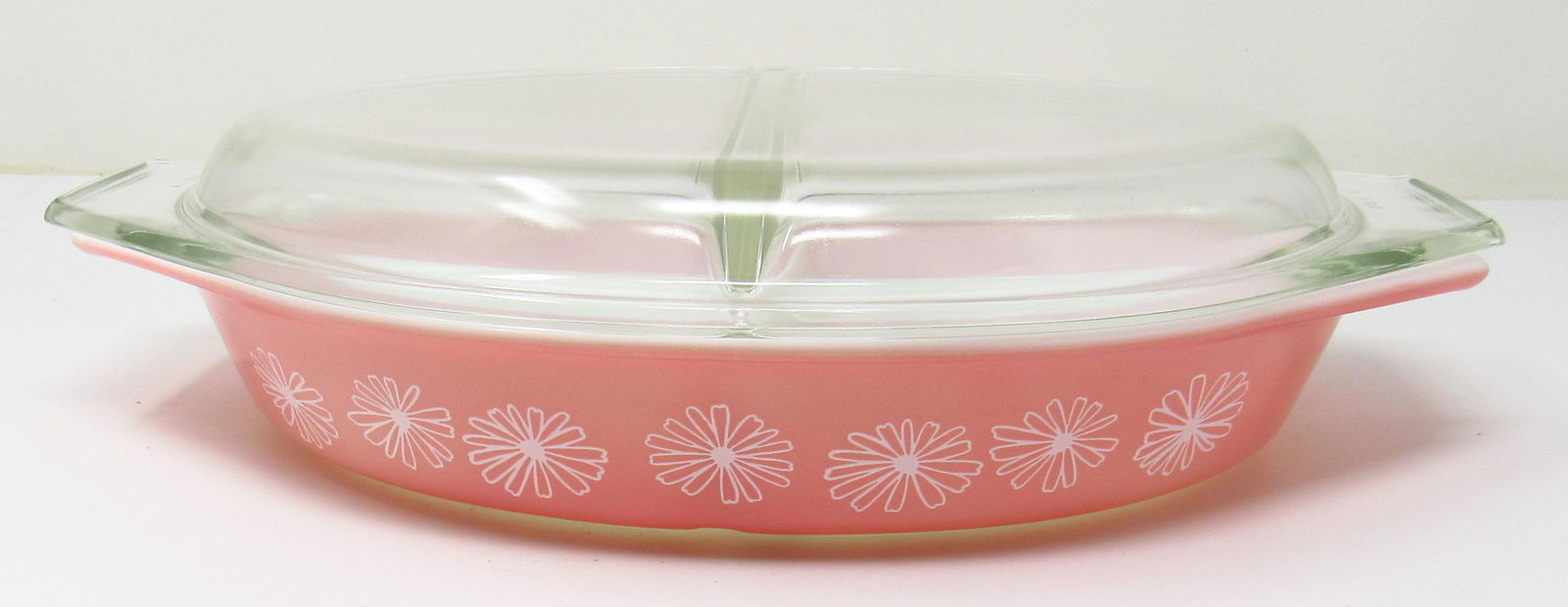 Pink Pyrex 1 1/2 Quart Divided Casserole: Comes with lid. 1