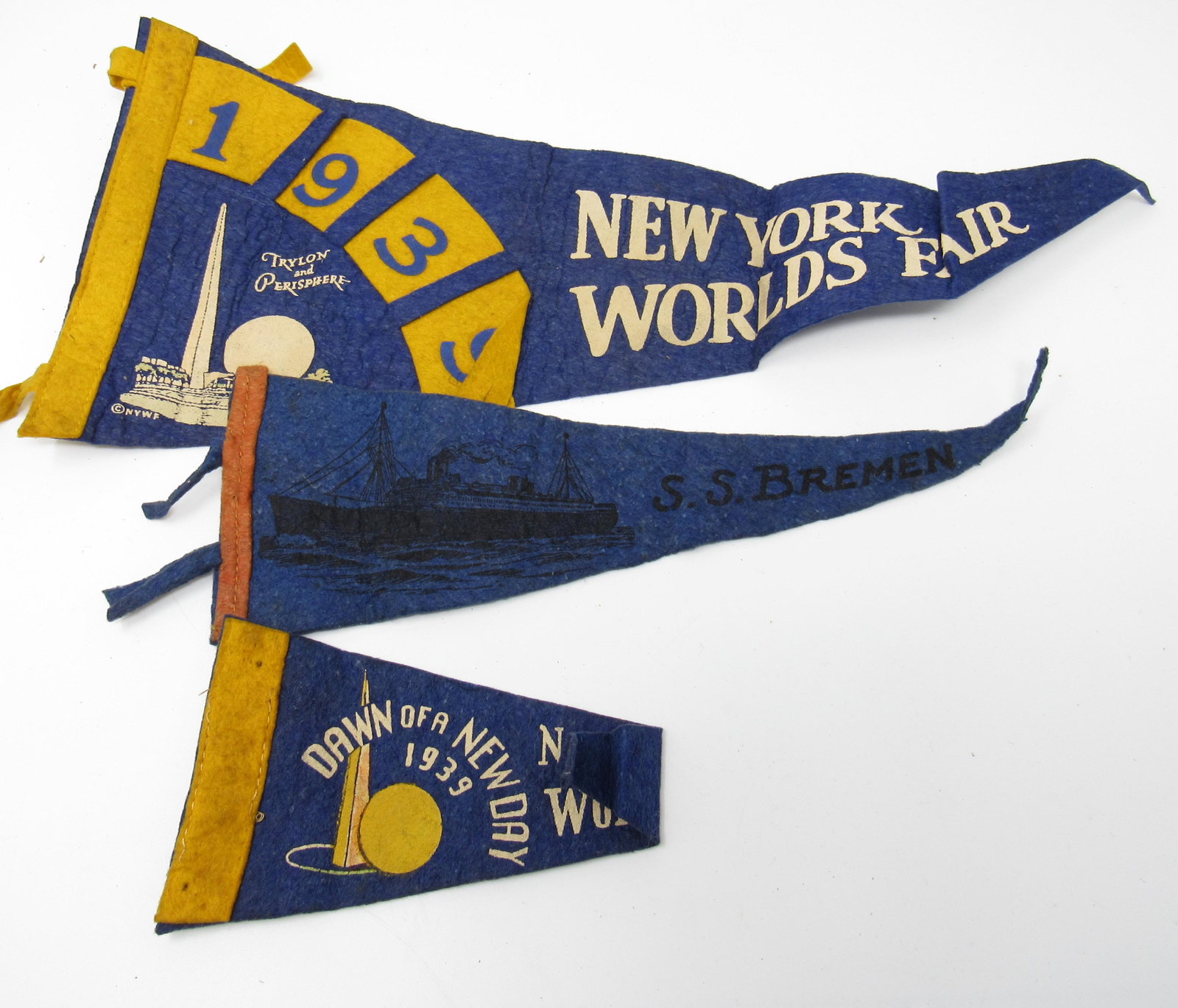 1939 NY Worlds Fair & SS Bremen Pennants: Largest is approx 7" x 17"