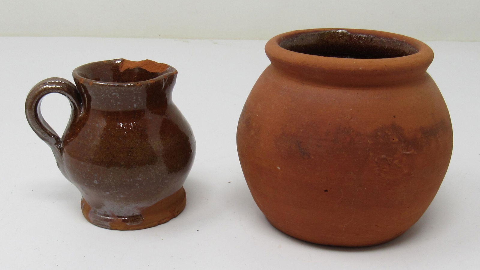 Redware Honey Pot and Miniature Pitcher: Redware honey pot is approx 3 1/2" in diameter and 3 1/4" tall