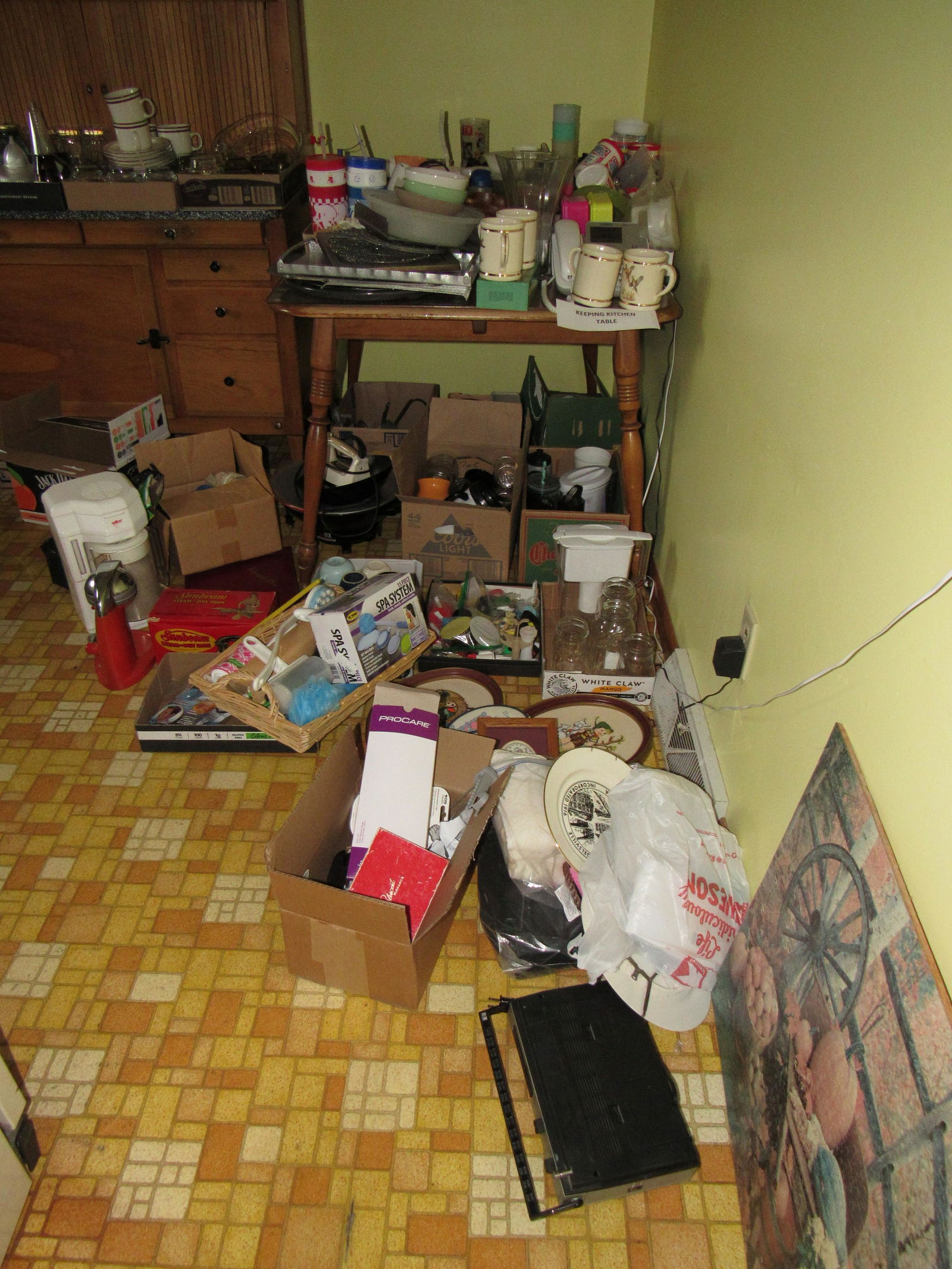 Partial Contents of Kitchen: Lot includes everything on & under table, everything on hoosier, and the spice racks. It does NOT include table, hoosier, clock on wall, or shelves. Take what you want and leave the rest