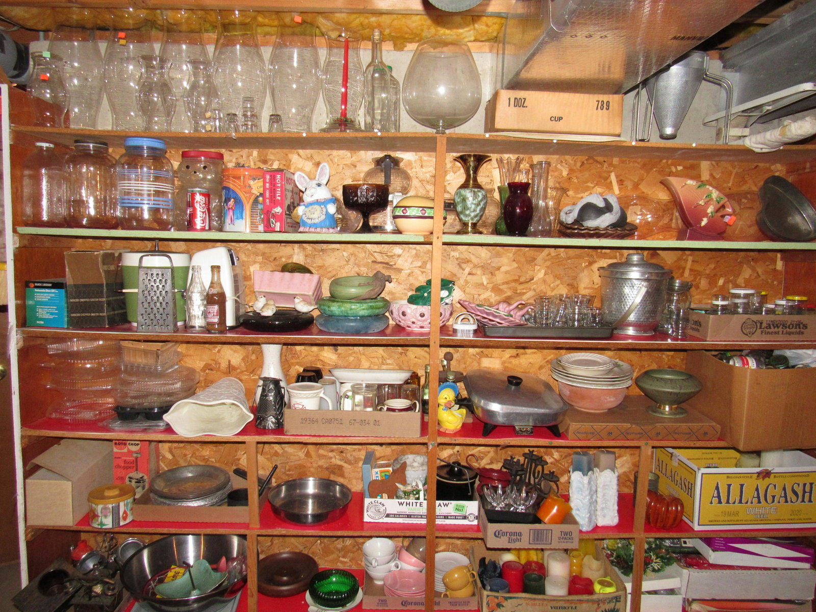 Homer Laughlin Dinnerware Glassware Shelving Contents: Getting all pictured on the shelving unit. Take what you want and leave the rest. Buyer must remove from basement