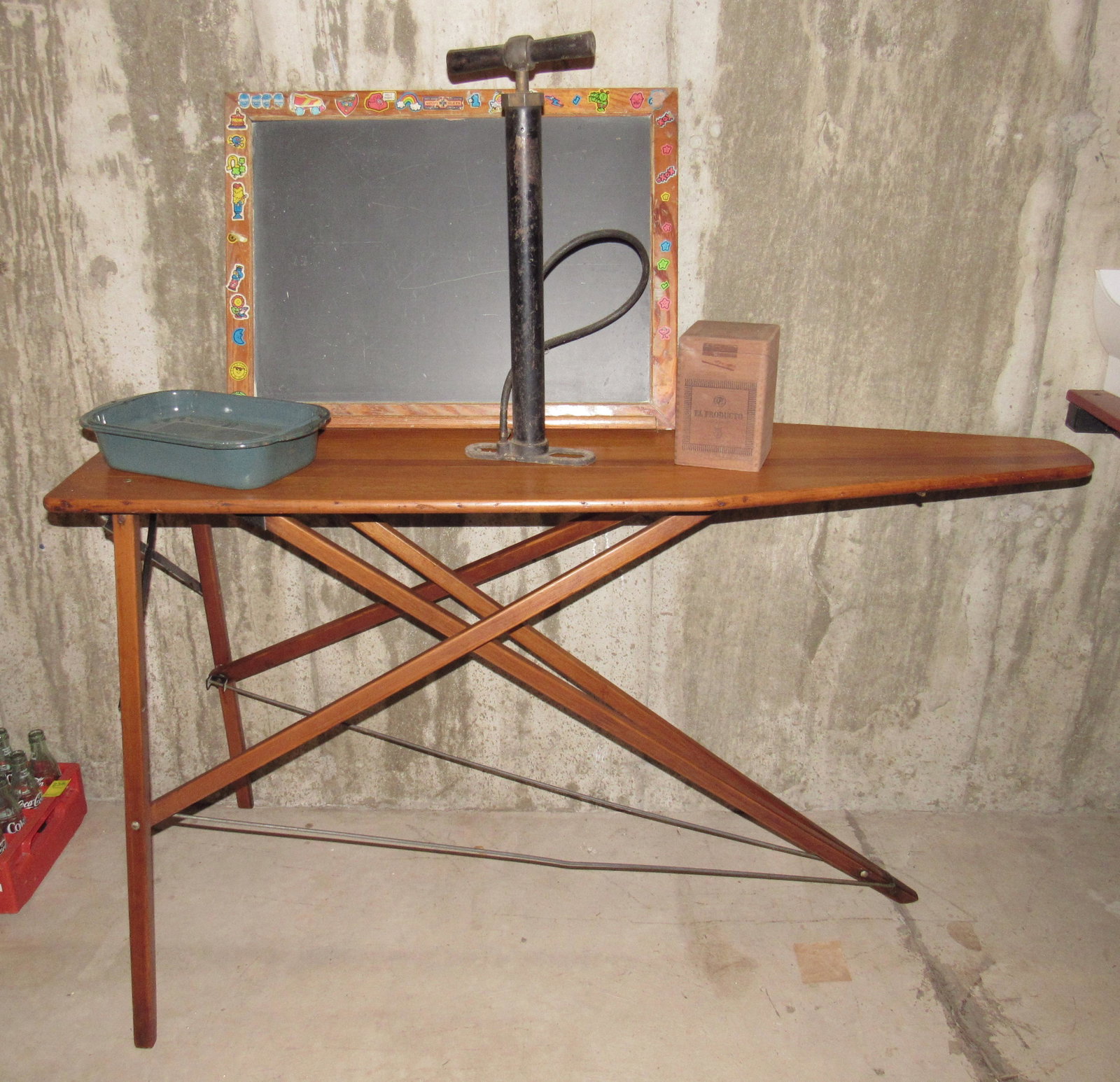 Wooden Ironing Board Bicycle Pump Agateware: Getting ironing board and everything on it.