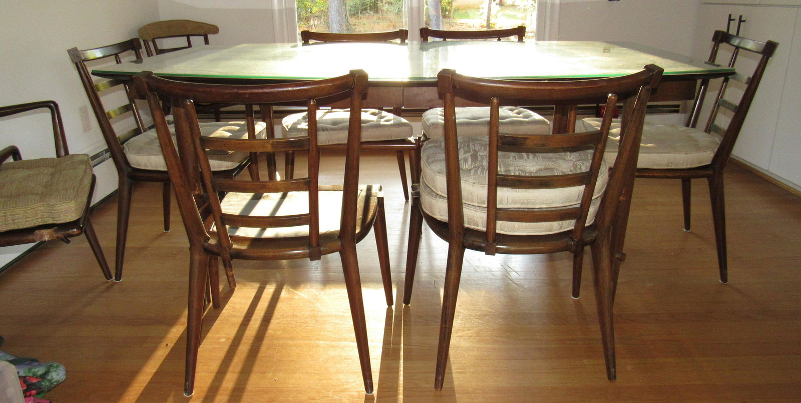 Bert England for Johnson Dining Table and 8 Chairs: Table is approx 44" x 70" . Comes with 6 side chairs and 2 arm chairs. Table has glass on top ( has big chip in glass )