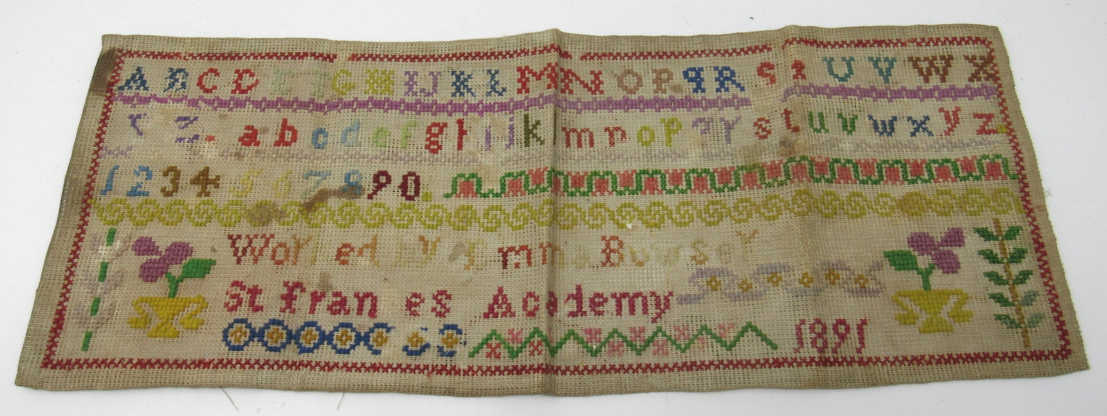 1891 St Frances Academy Sampler: Approx 7 1/4" x 18 1/2"