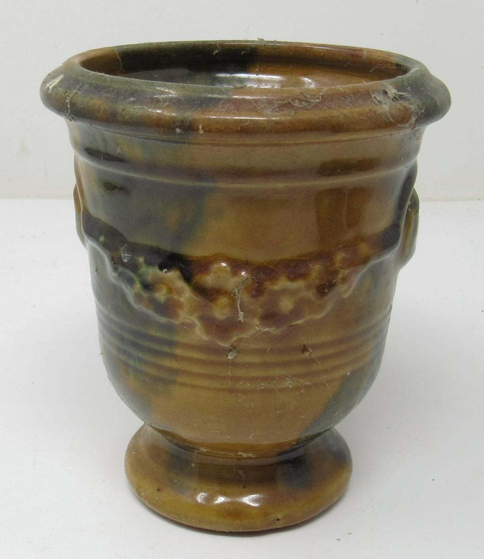 Glazed Redware Urn: Approx 4" in diameter and 5" tall