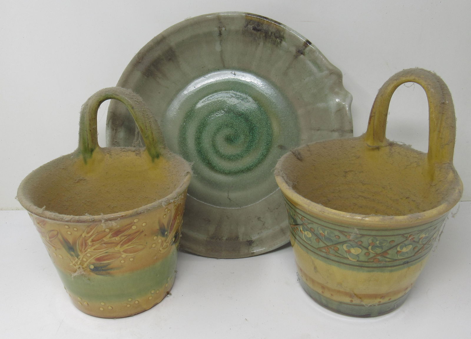 Pottery Waste Bowl & 2 French Redware Hanging Planters: Planters are apprx 6 1/2" across and 8 1/4" tall