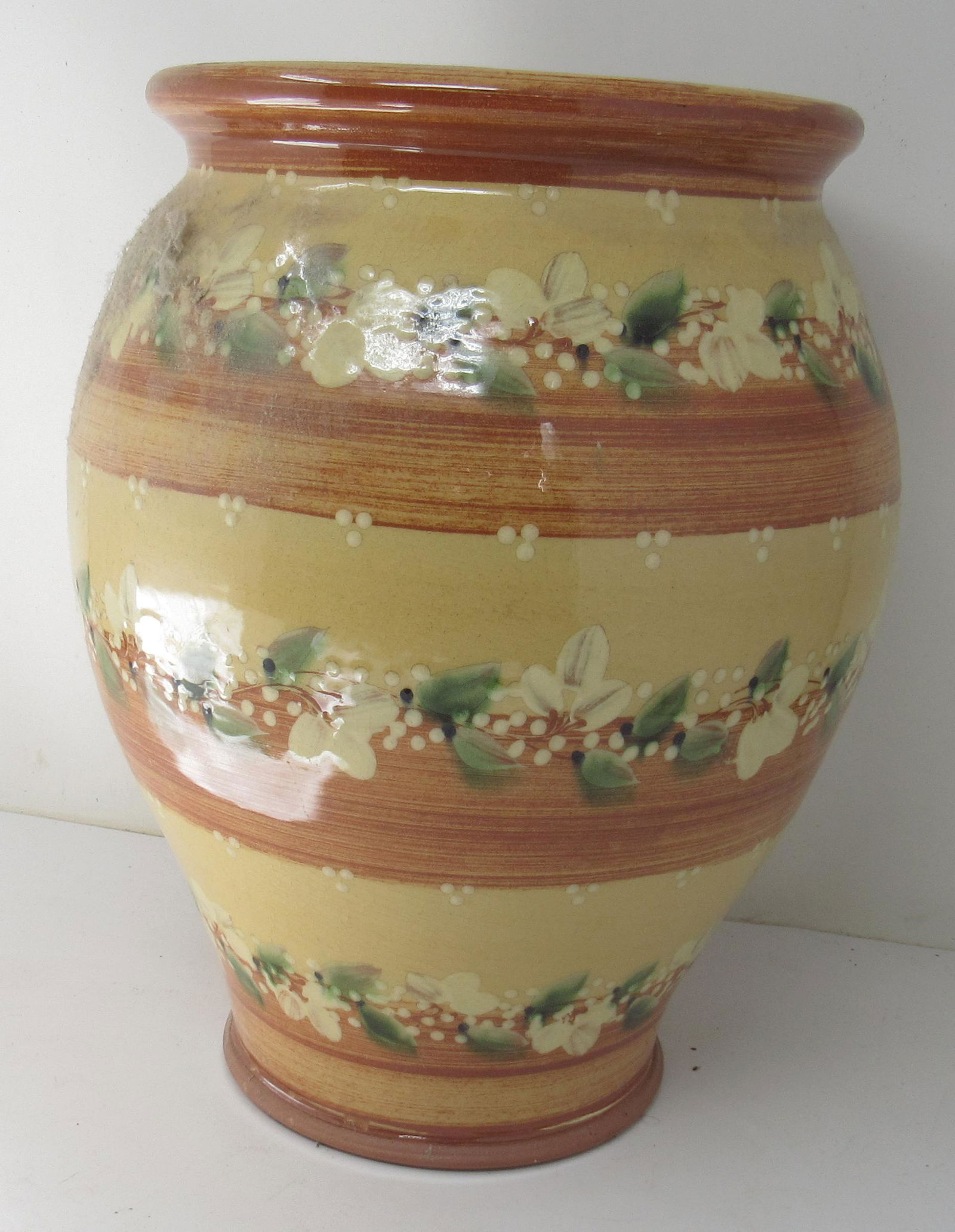 Redware Vase: Approx 10" in diameter and 12 1/4" tall