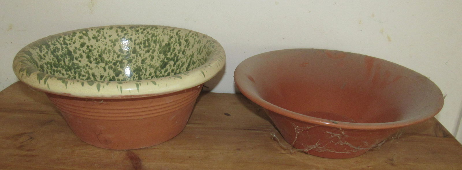 Redware Pottery Bowls: Largest is approx 13 1/2" diameter and 6" tall.