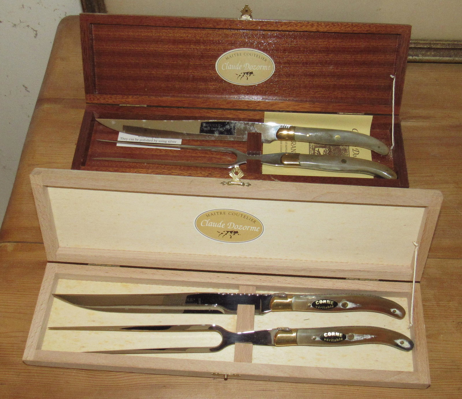 2 Claude Dozorme Laguiole France Carving Sets: Approx 12 3/4" long
