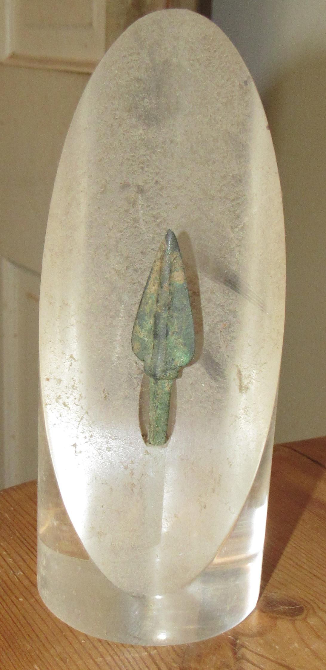 Arrow Tip in Lucite Holder: Arrow tip is approx 3/4" wide and 3 3/8" long. Holder is 6 1/4" tall.