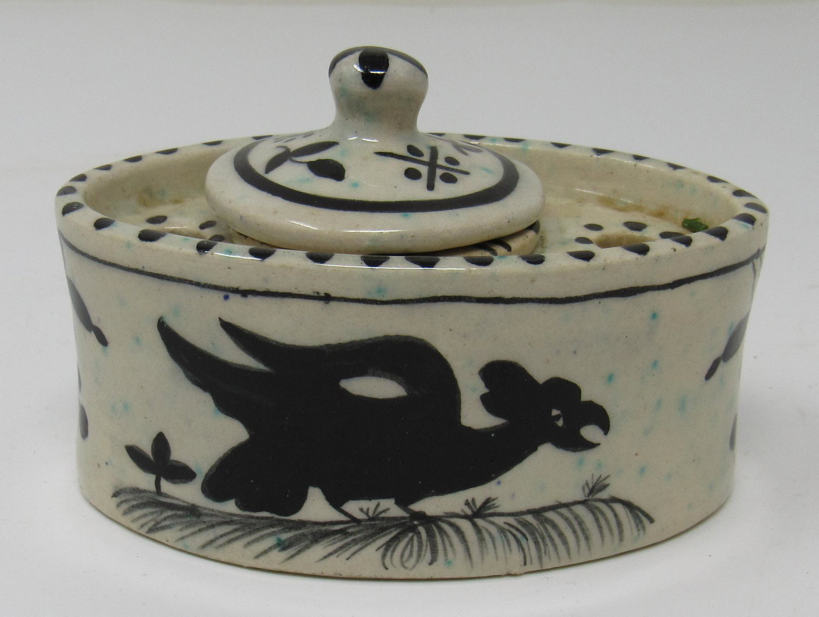 French Pottery Inkwell Pen Holder Desk Set: Approx 2 1/4" x 3 1/2" x 2 1/2" tall